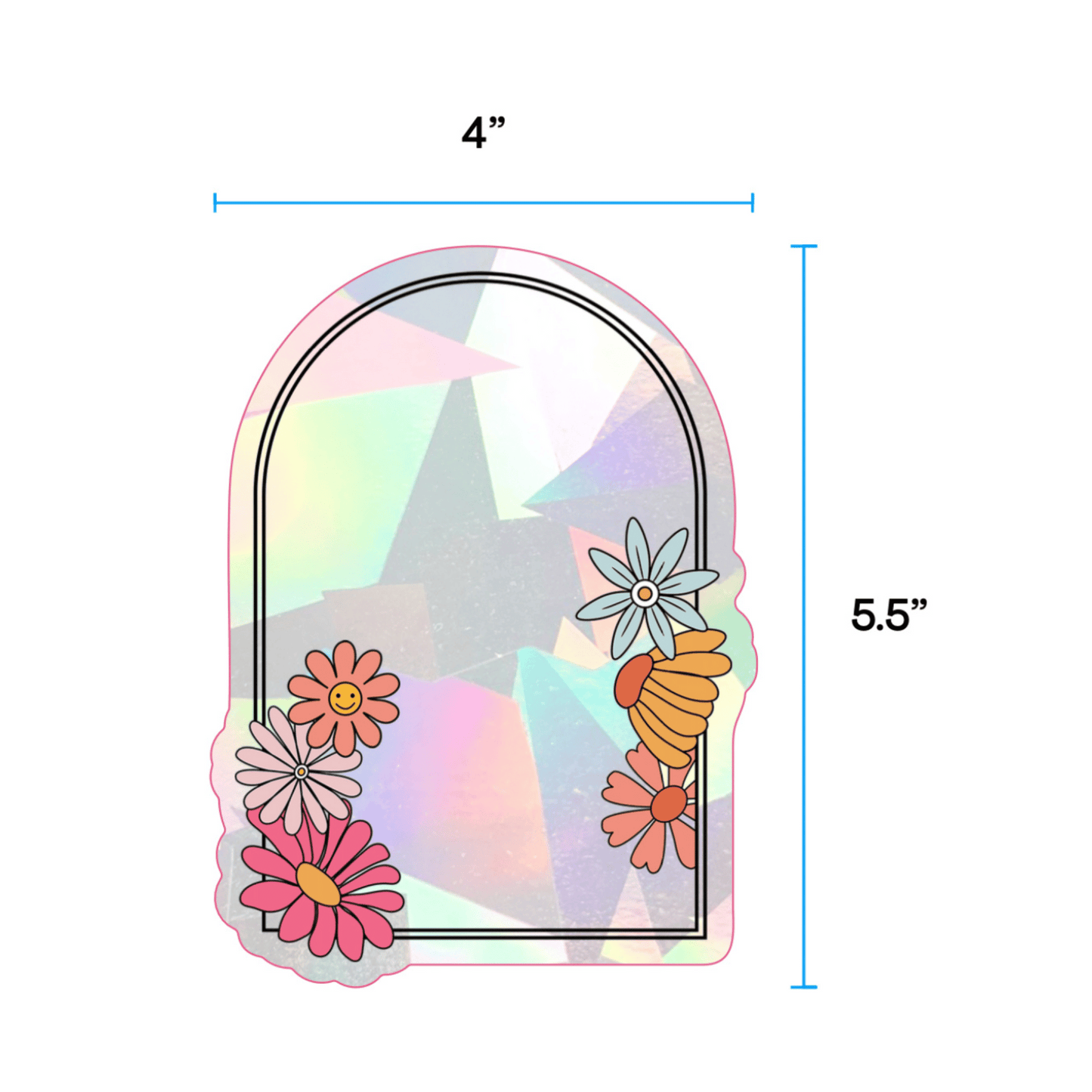 A multicolored floral suncatcher sticker with dimensions 4 inches wide and 5.5 inches tall.
