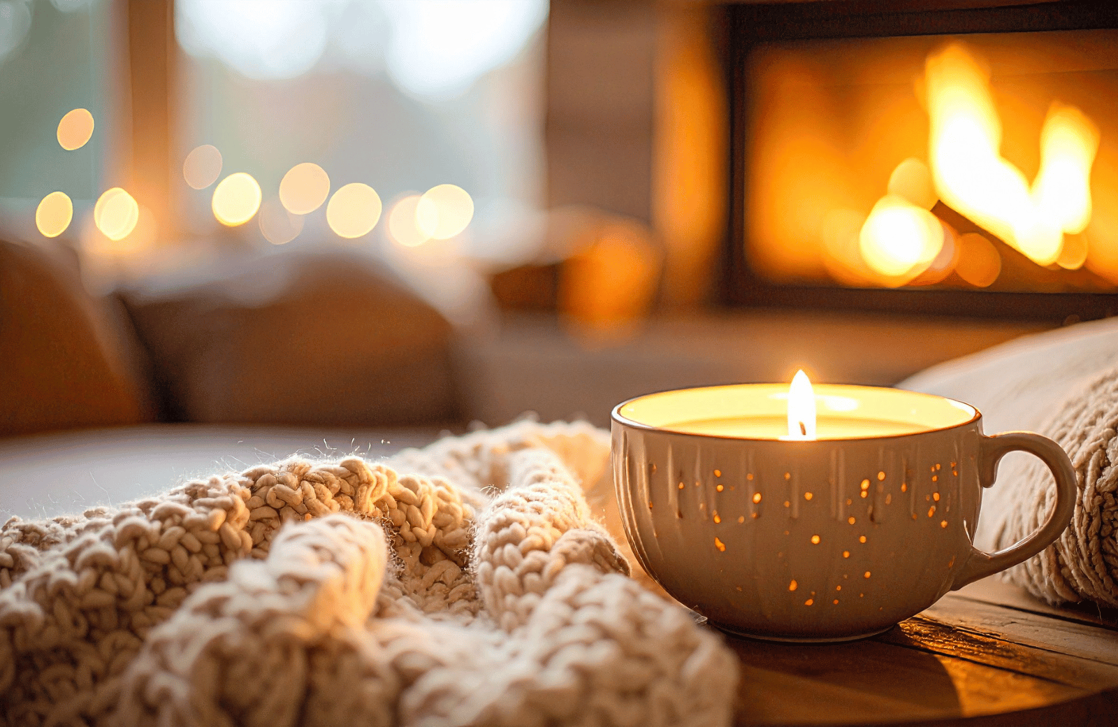 Candlelit mug on a blanket in front of a fireplace
