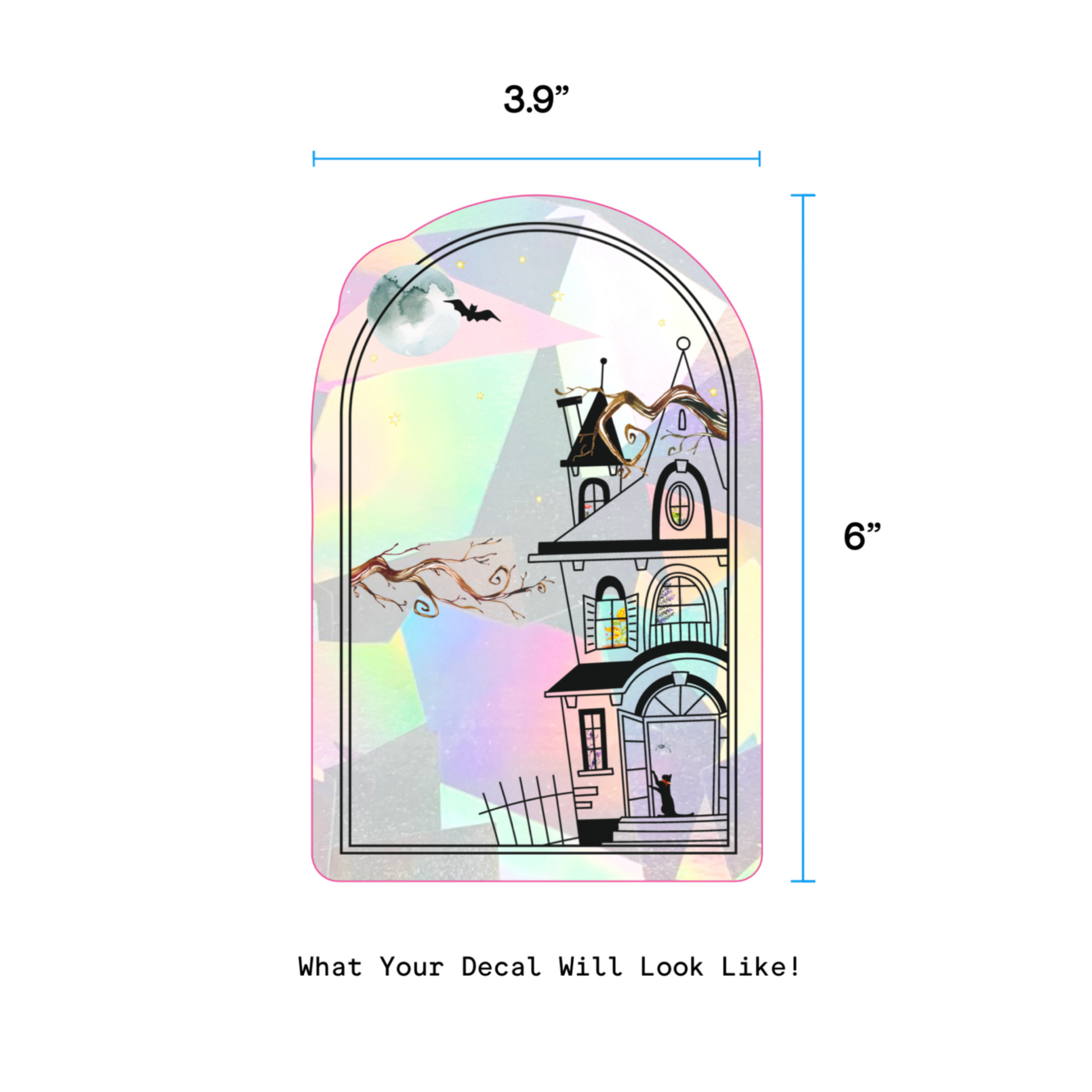 Magical Manor Suncatcher Sticker My Sparkling Emporium: an arch with a full moon and haunted mansion. Take a closer look at the windows to see some witchy scenes!
