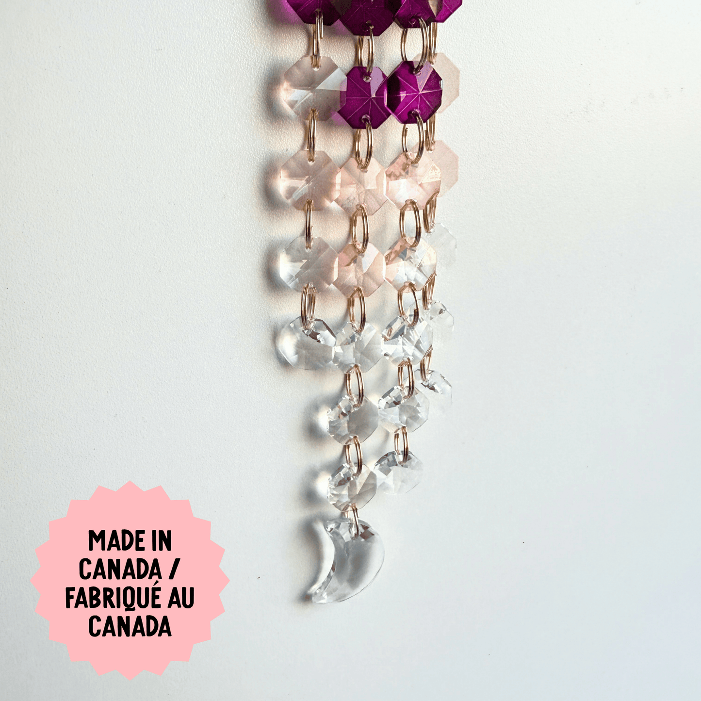 Decorative hanging with crystals and beads on a white background, featuring 'Made in Canada' text.