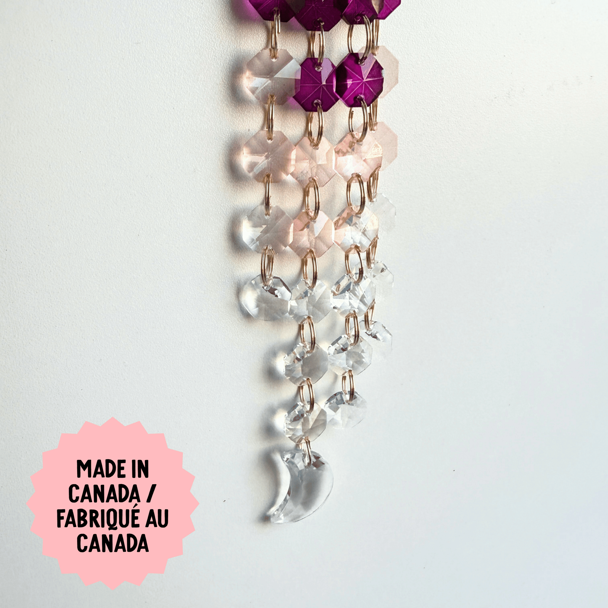 Decorative hanging with crystals and beads on a white background, featuring 'Made in Canada' text.