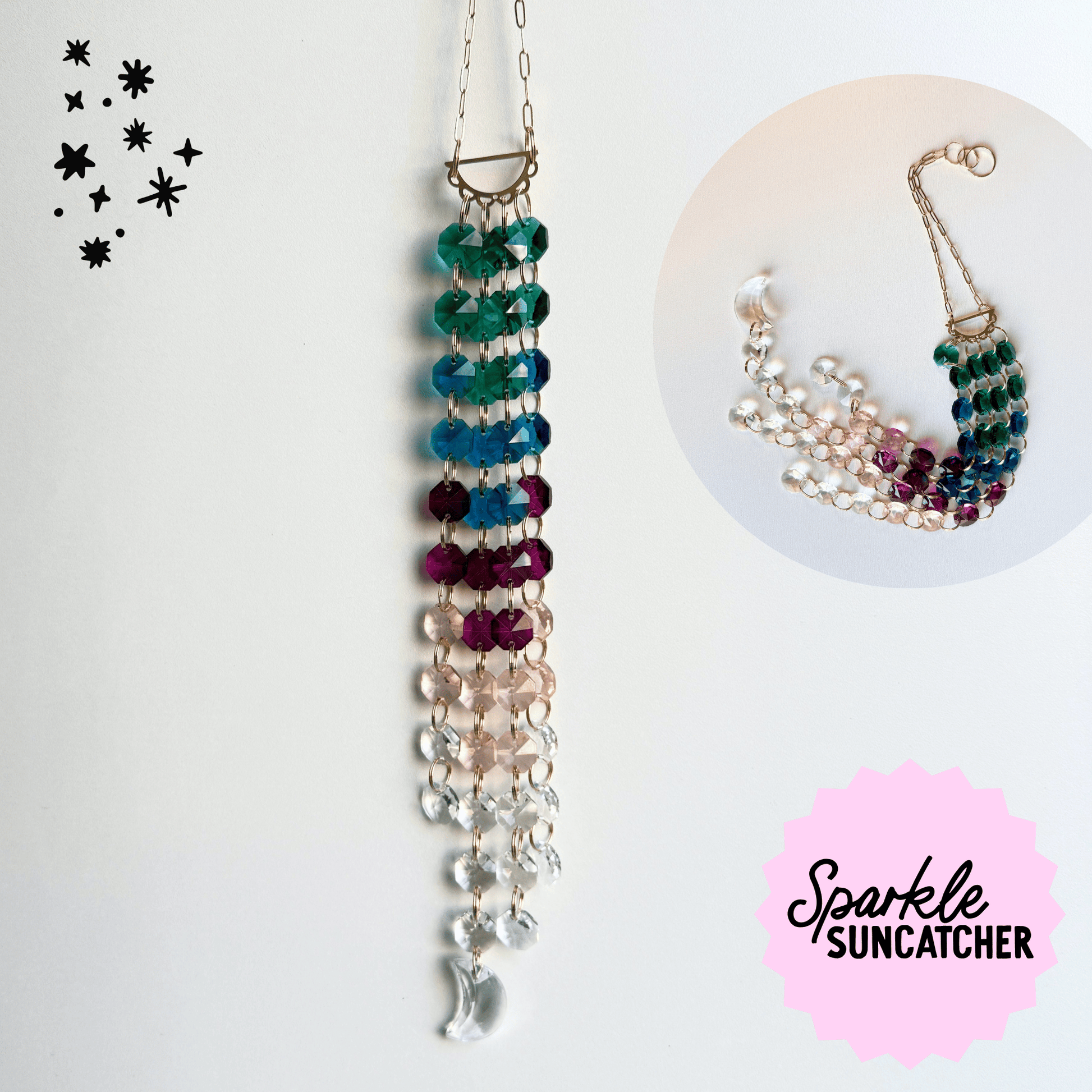 Colorful beaded suncatcher with 'Sparkle Suncatcher' branding on a white background