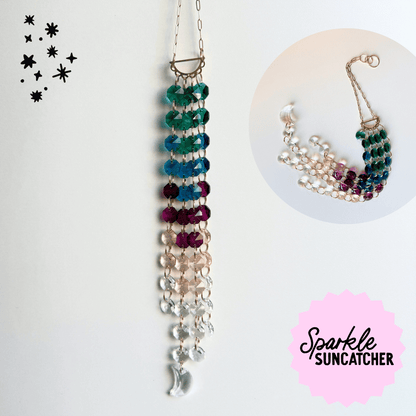 Colorful beaded suncatcher with 'Sparkle Suncatcher' branding on a white background